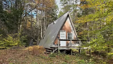 Photo of Off-grid A-frame cabin privately situated on 5 acres of gently sloping, forested land. $99,000